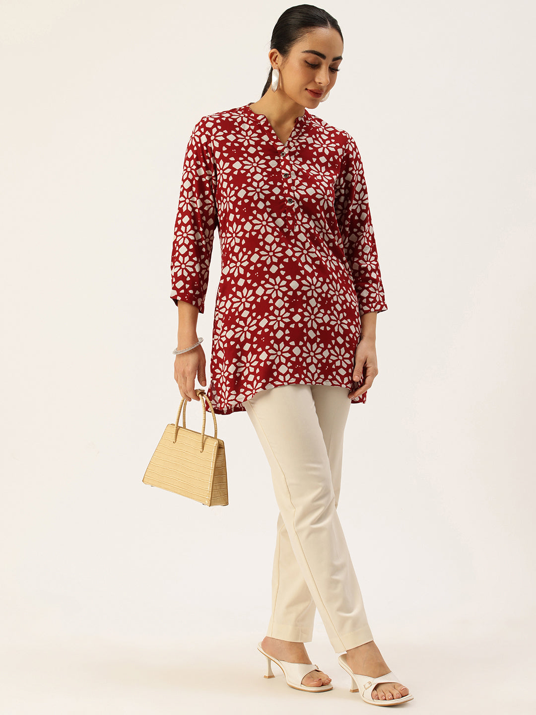 Red Geometric Printed Mandarin Collar Printed Tunic