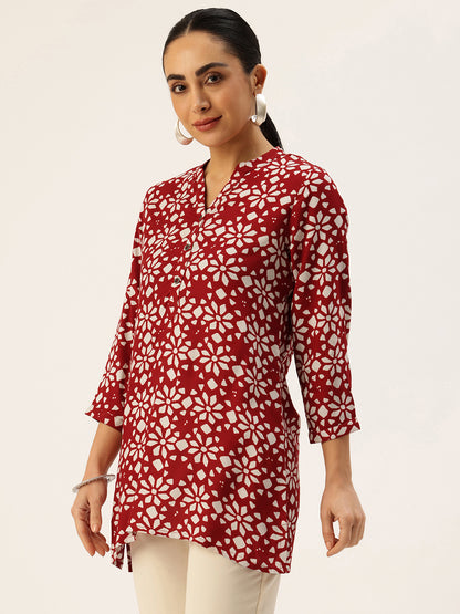 Red Geometric Printed Mandarin Collar Printed Tunic