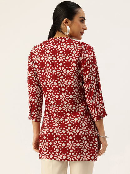 Red Geometric Printed Mandarin Collar Printed Tunic