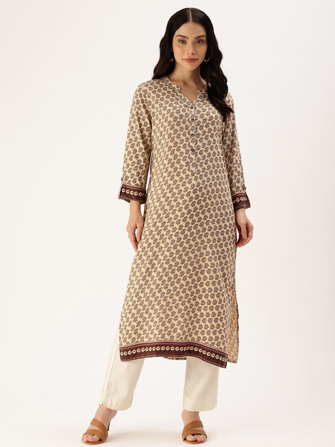 Beige Ethnic Motifs Printed Mandarin Collar Straight Kurta