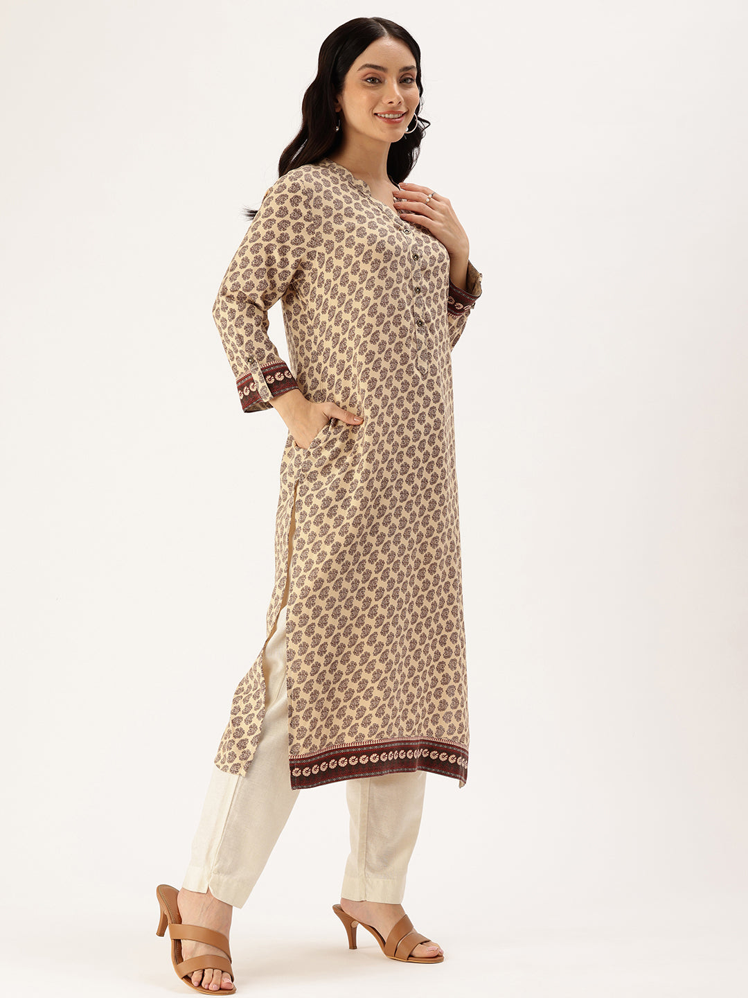 Beige Ethnic Motifs Printed Mandarin Collar Straight Kurta