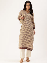 Beige Ethnic Motifs Printed Mandarin Collar Straight Kurta