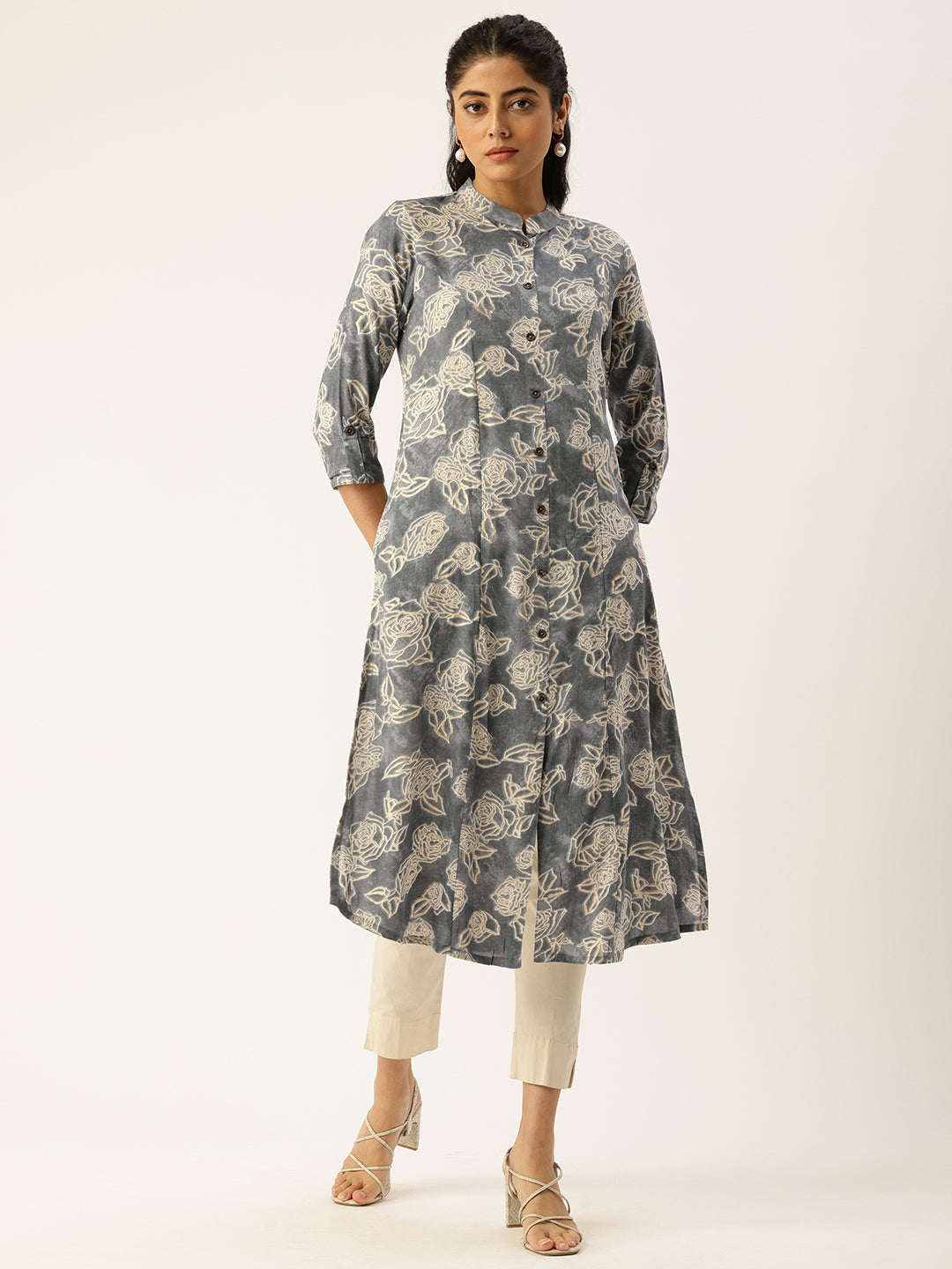 Blue Printed Mandarin Collar Roll-Up Sleeves Kurta