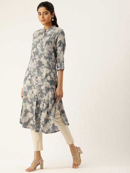 Blue Printed Mandarin Collar Roll-Up Sleeves Kurta