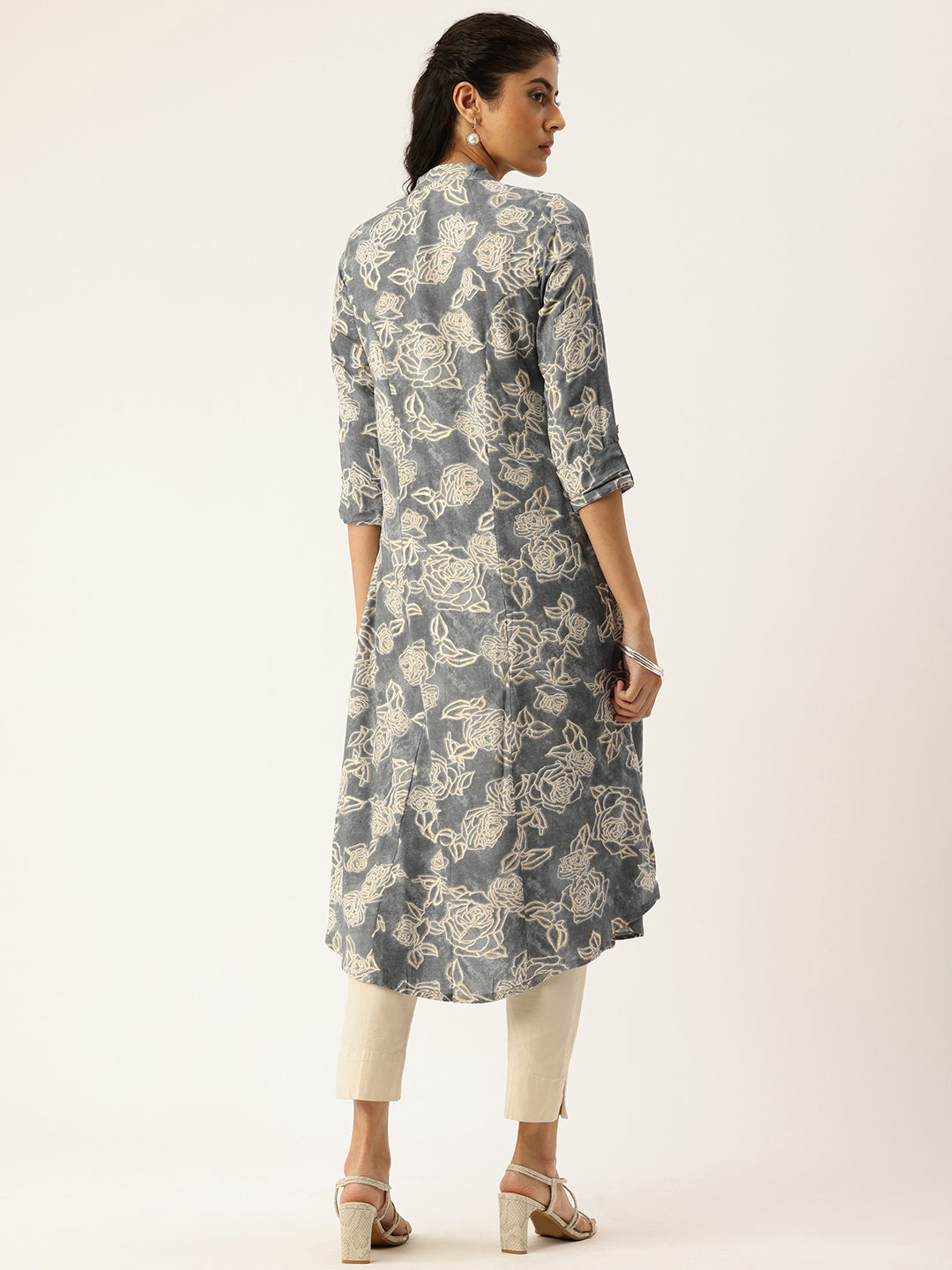 Blue Printed Mandarin Collar Roll-Up Sleeves Kurta