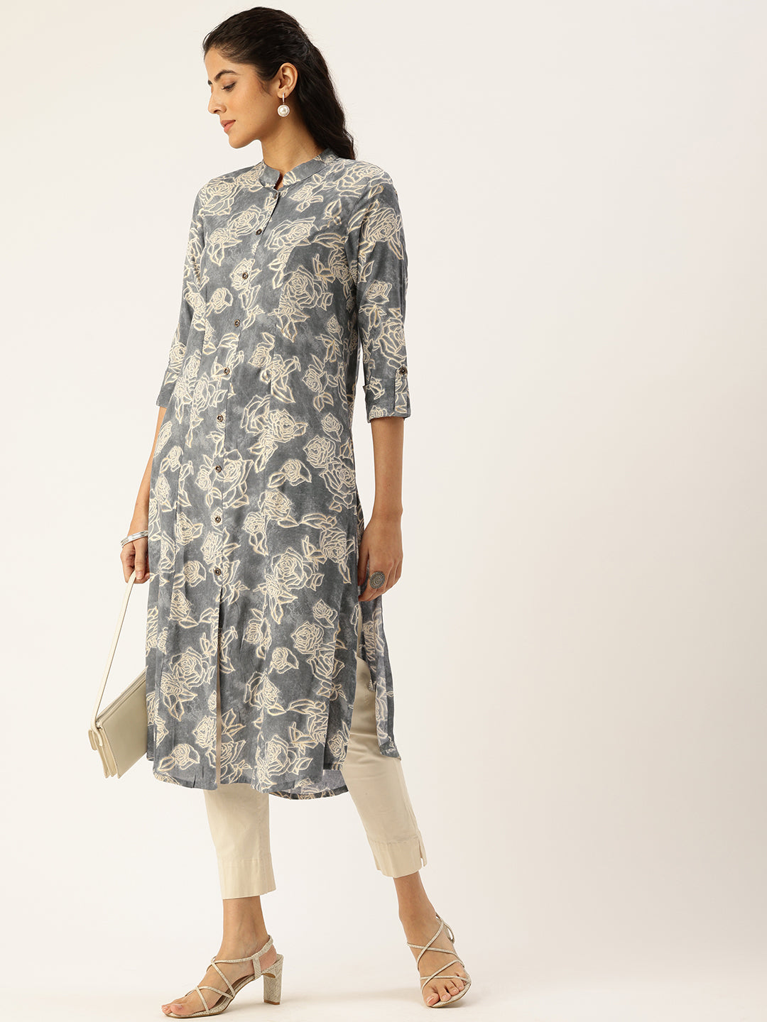 Blue Printed Mandarin Collar Roll-Up Sleeves Kurta