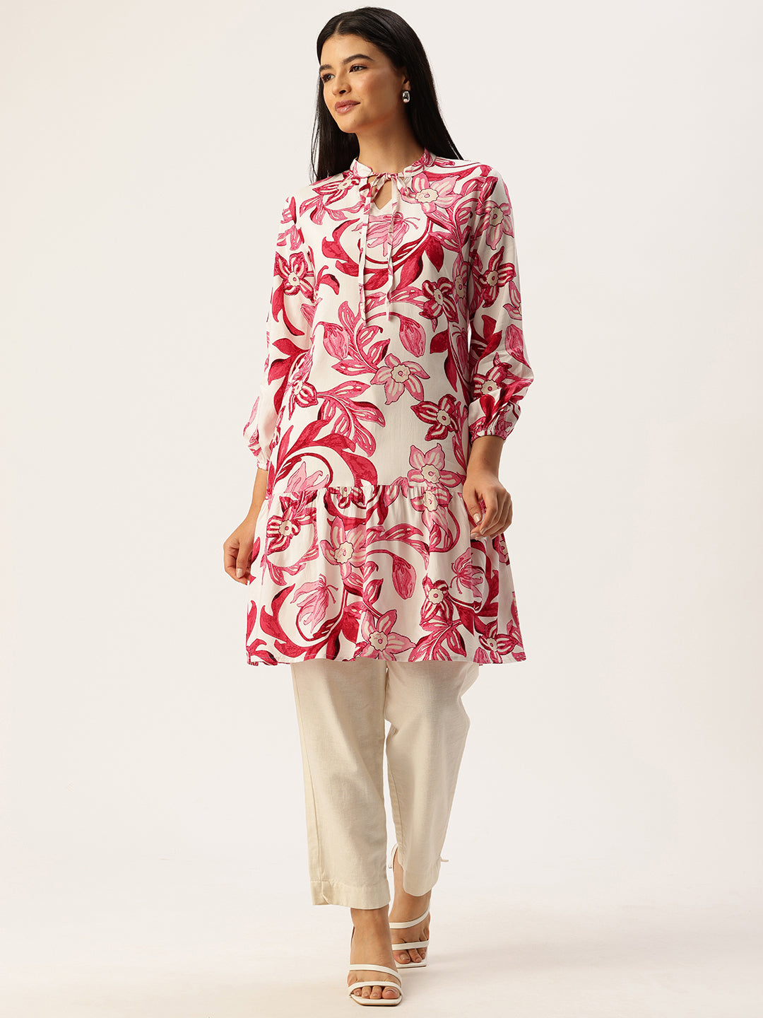 White Floral Printed Fit & Flare Kurta