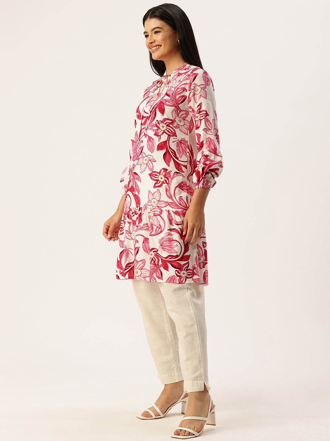 White Floral Printed Fit & Flare Kurta