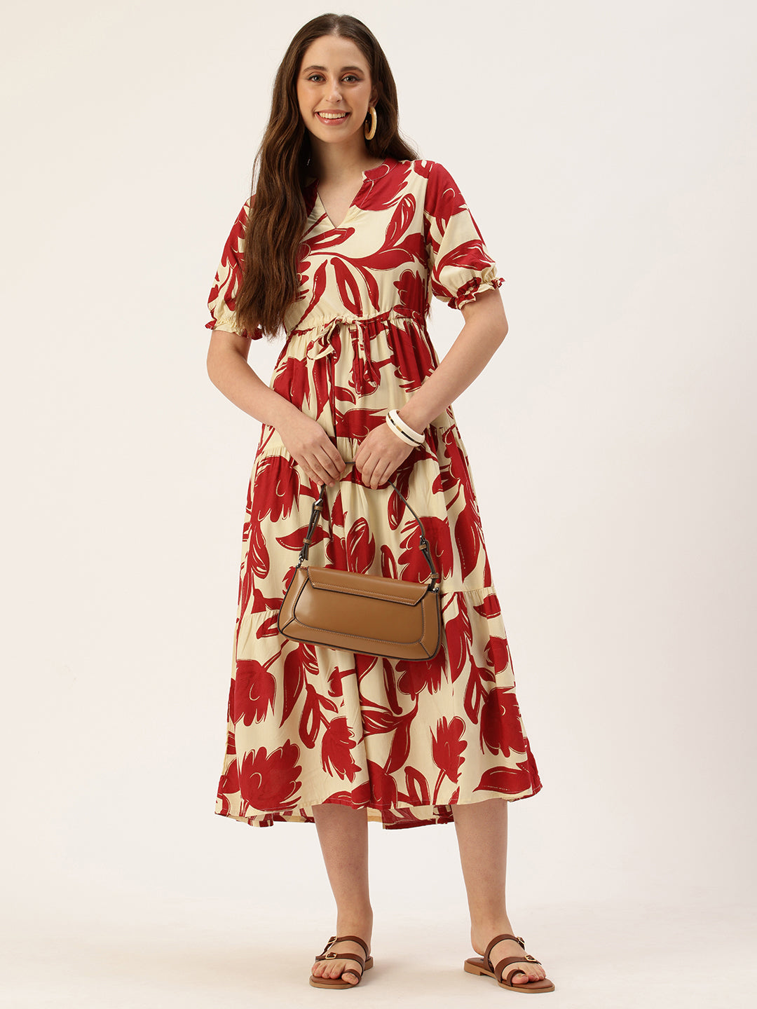 Red Floral Printed Puff Sleeves Midi Dress