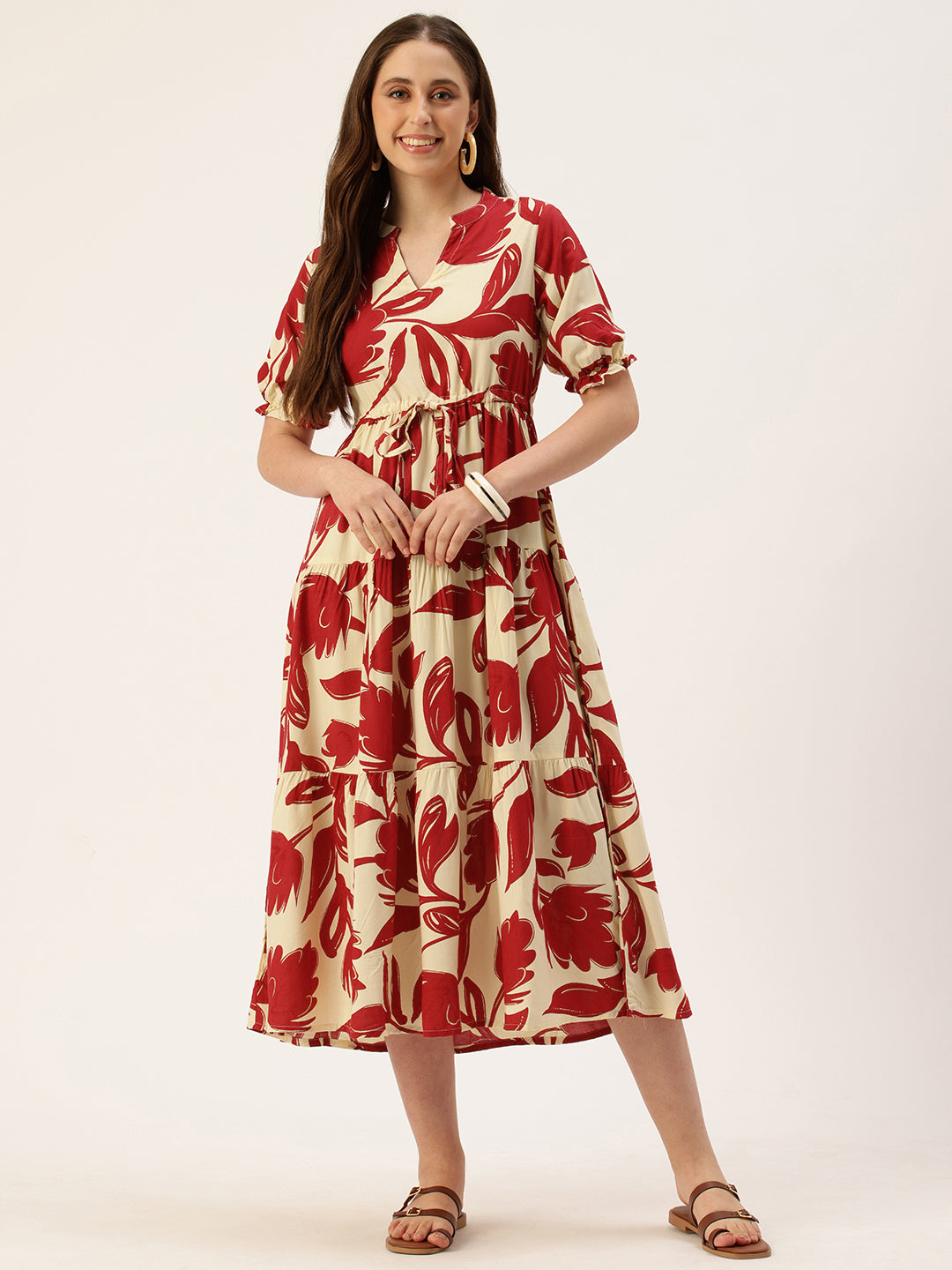 Red Floral Printed Puff Sleeves Midi Dress