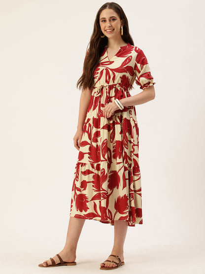 Red Floral Printed Puff Sleeves Midi Dress