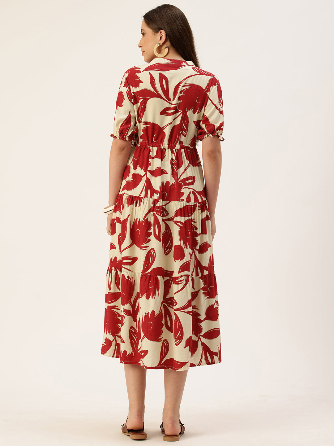 Red Floral Printed Puff Sleeves Midi Dress