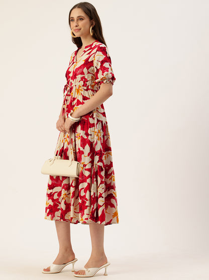 Red & Mustard Yellow Floral Printed Midi Dress