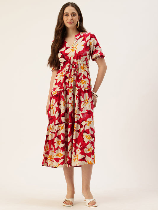 Red & Mustard Yellow Floral Printed Midi Dress