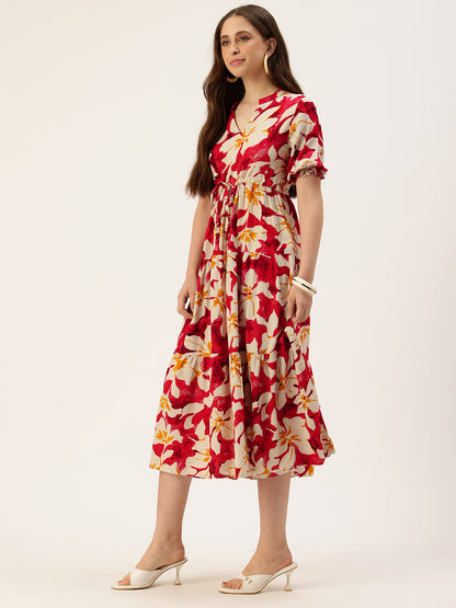 Red & Mustard Yellow Floral Printed Midi Dress