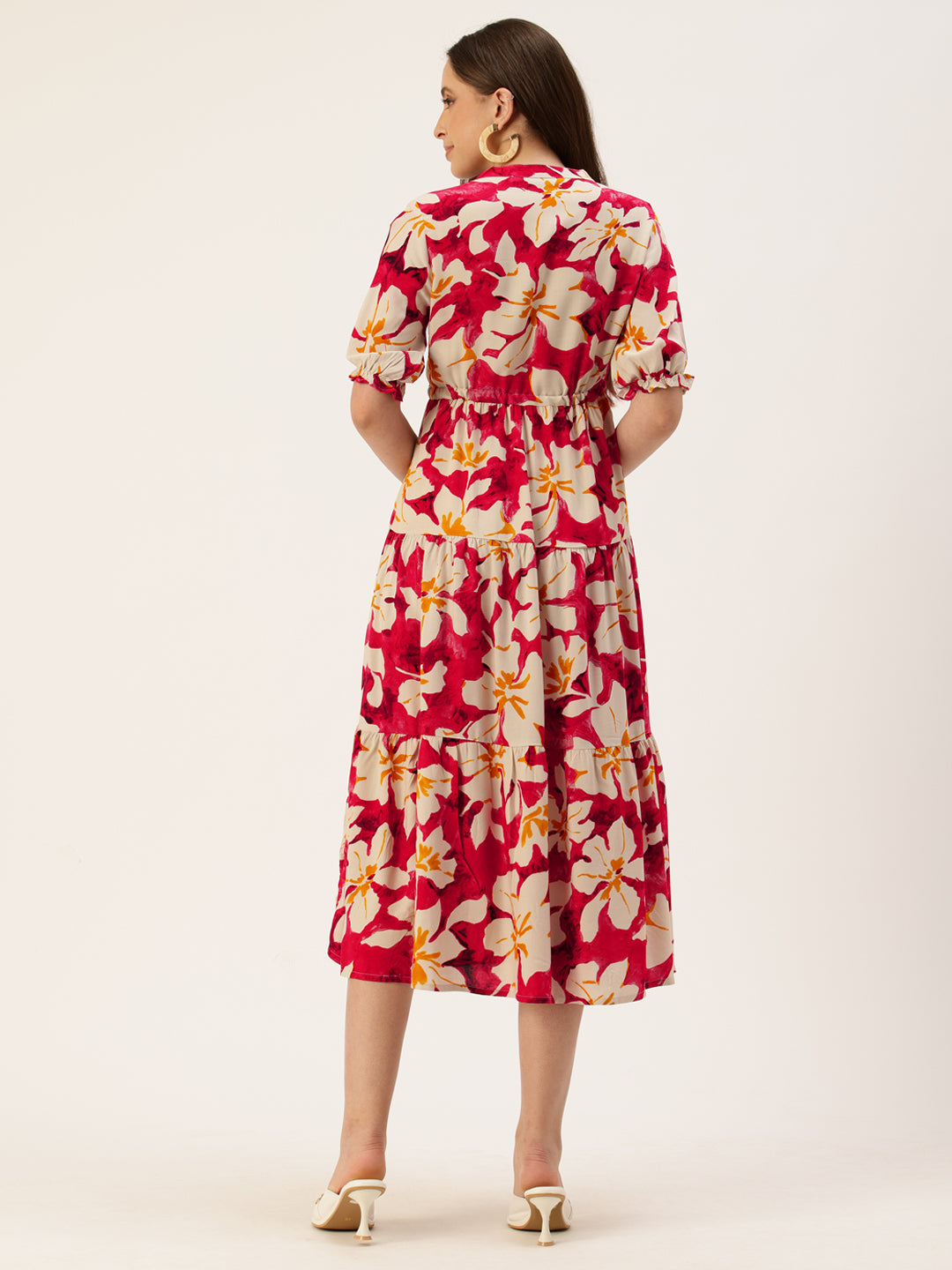 Red & Mustard Yellow Floral Printed Midi Dress