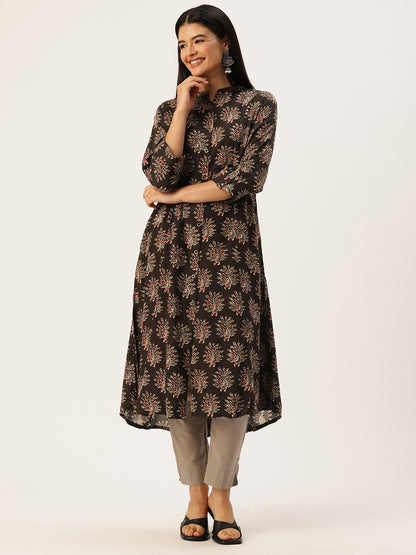 Blue Floral Printed Mandarin Collar Kurta