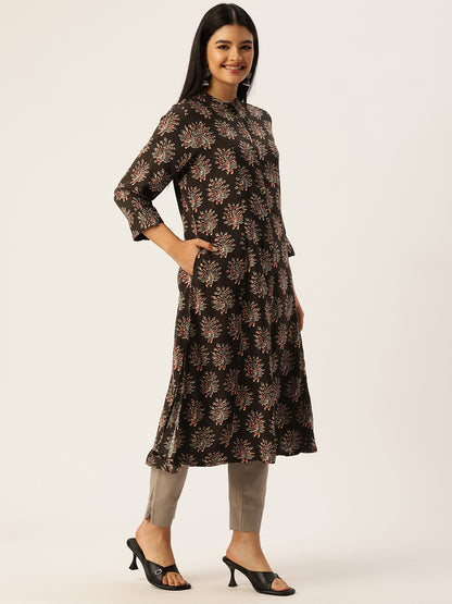 Blue Floral Printed Mandarin Collar Kurta