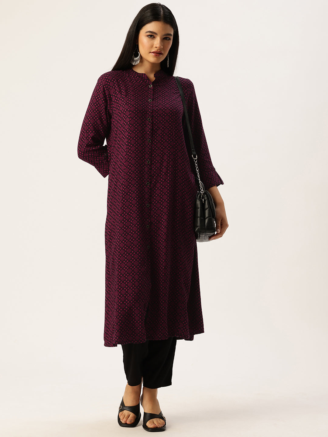 Black & Maroon Floral Printed Kurta