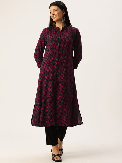 Black & Maroon Floral Printed Kurta