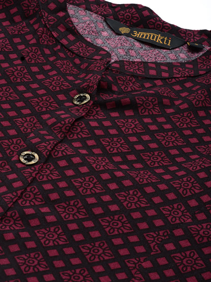 Black & Maroon Floral Printed Kurta