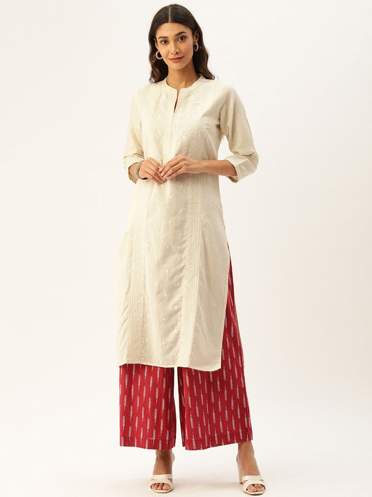 Beige Chikankari Inspired Embroidery Kurta with a pocket