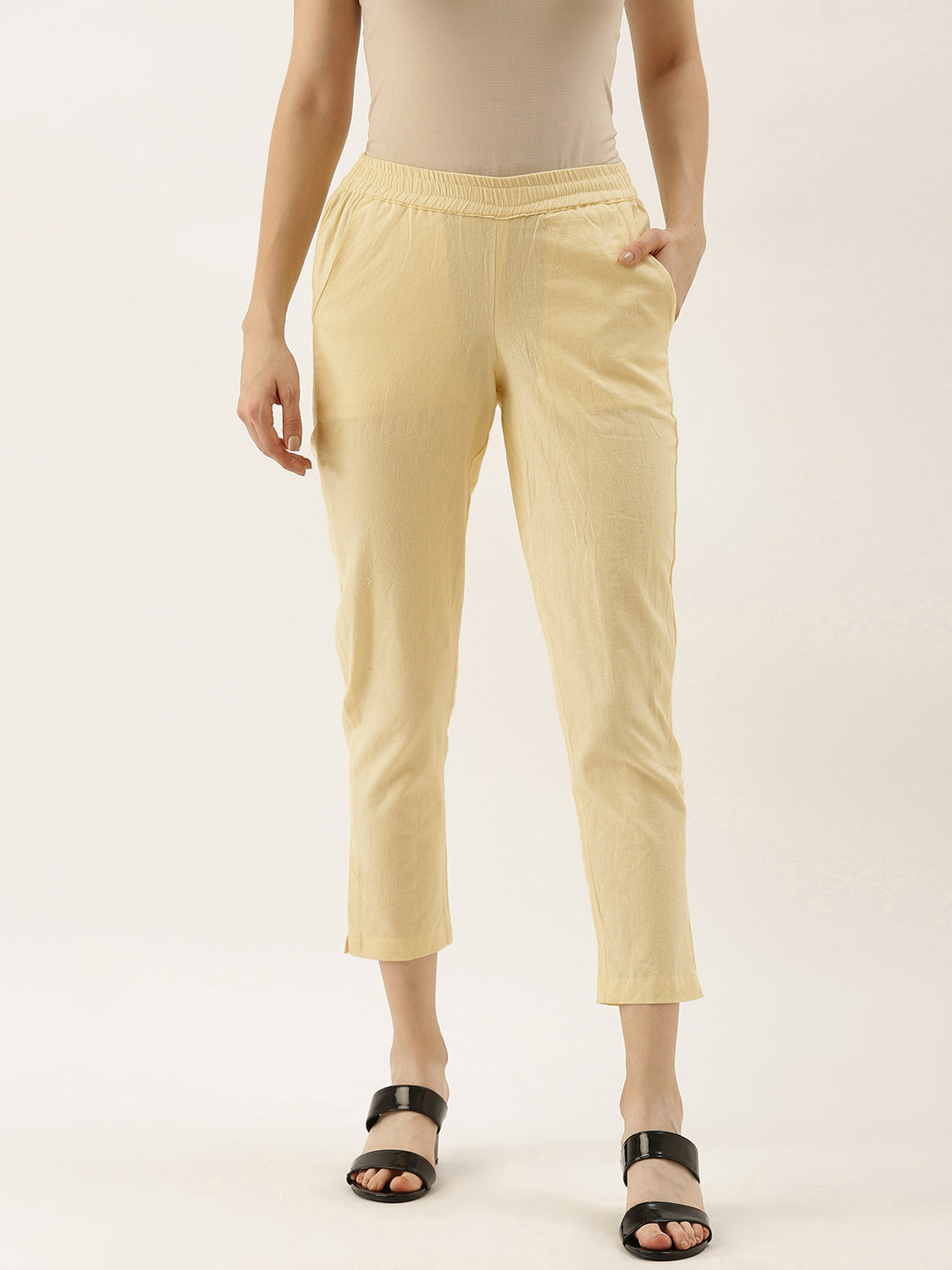 Buy 7STAR NX Solid Cotton Slub Cigarette Pant | Regular Fit Stretchable  Potli Pants/Cigarette/Trousers, Bundi Pants for Women, Girls (32, Cream) at  Amazon.in