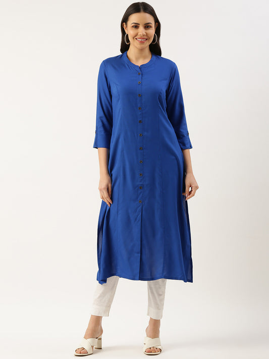 Royal Blue Solid A-line Princess Cut Kurta