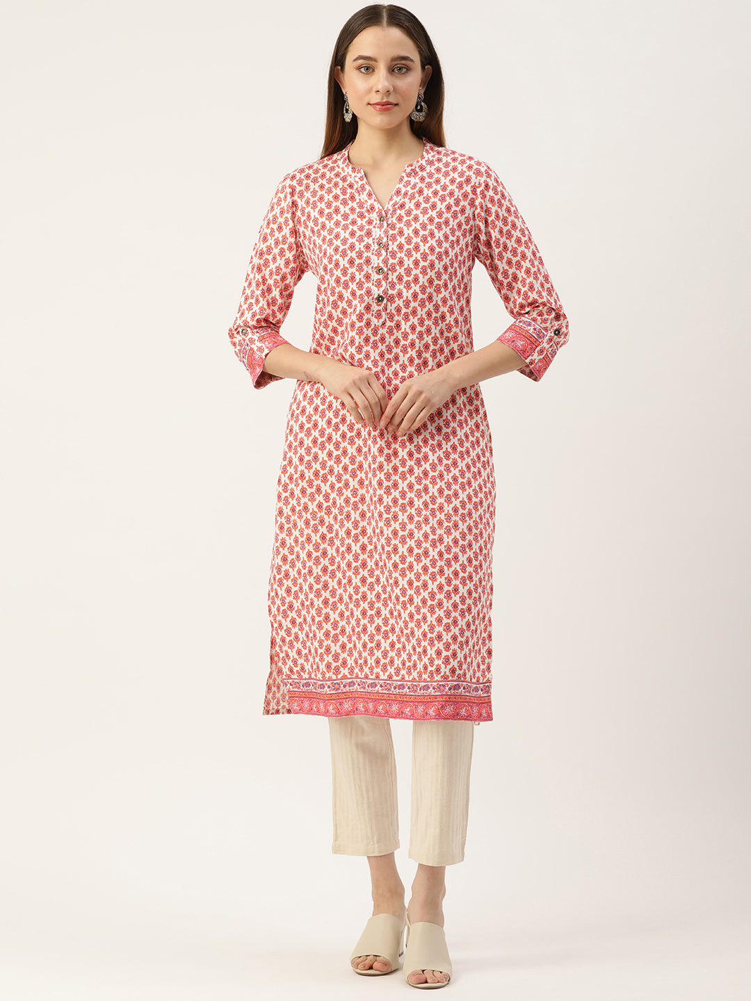 Orange Ethnic Motifs Printed Straight Rayon Kurta with a pocket 