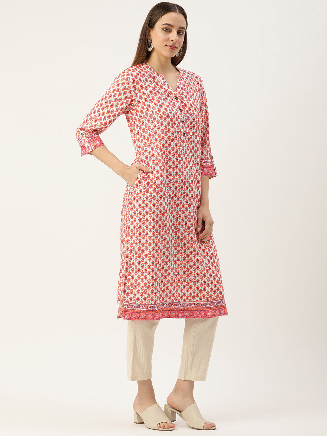 Orange Ethnic Motifs Printed Straight Rayon Kurta with a pocket 