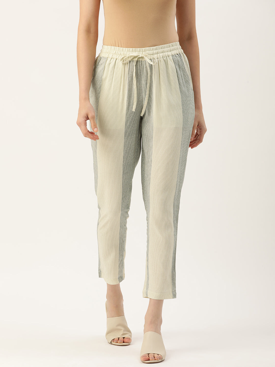 Beige & Grey Striped Pencil Pant – Amukti - The Women's Ethnic Fashion Store