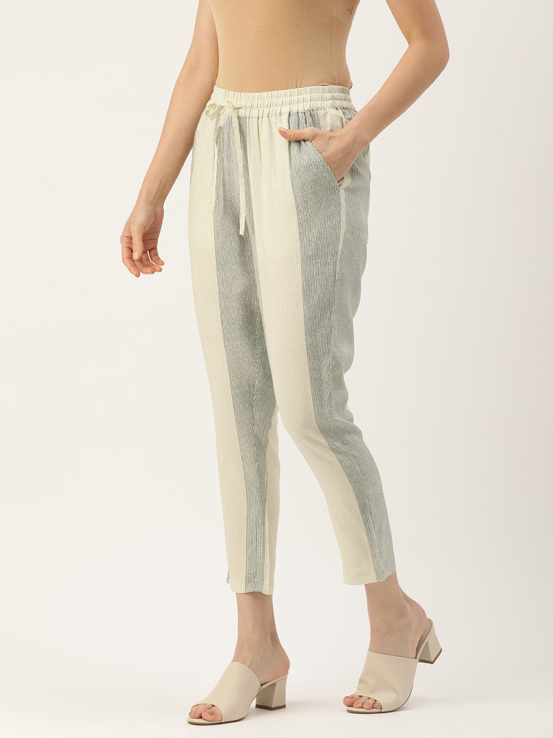 Beige & Grey Striped Pencil Pant