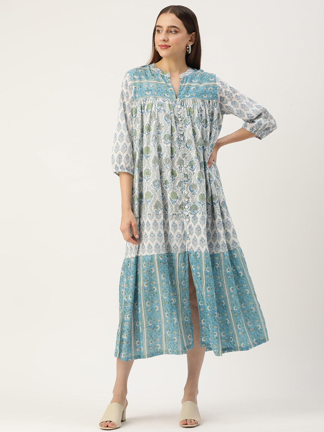 Blue Green Floral A-Line Cotton Dress