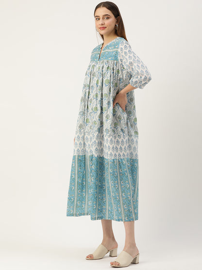 Blue Green Floral A-Line Cotton Dress