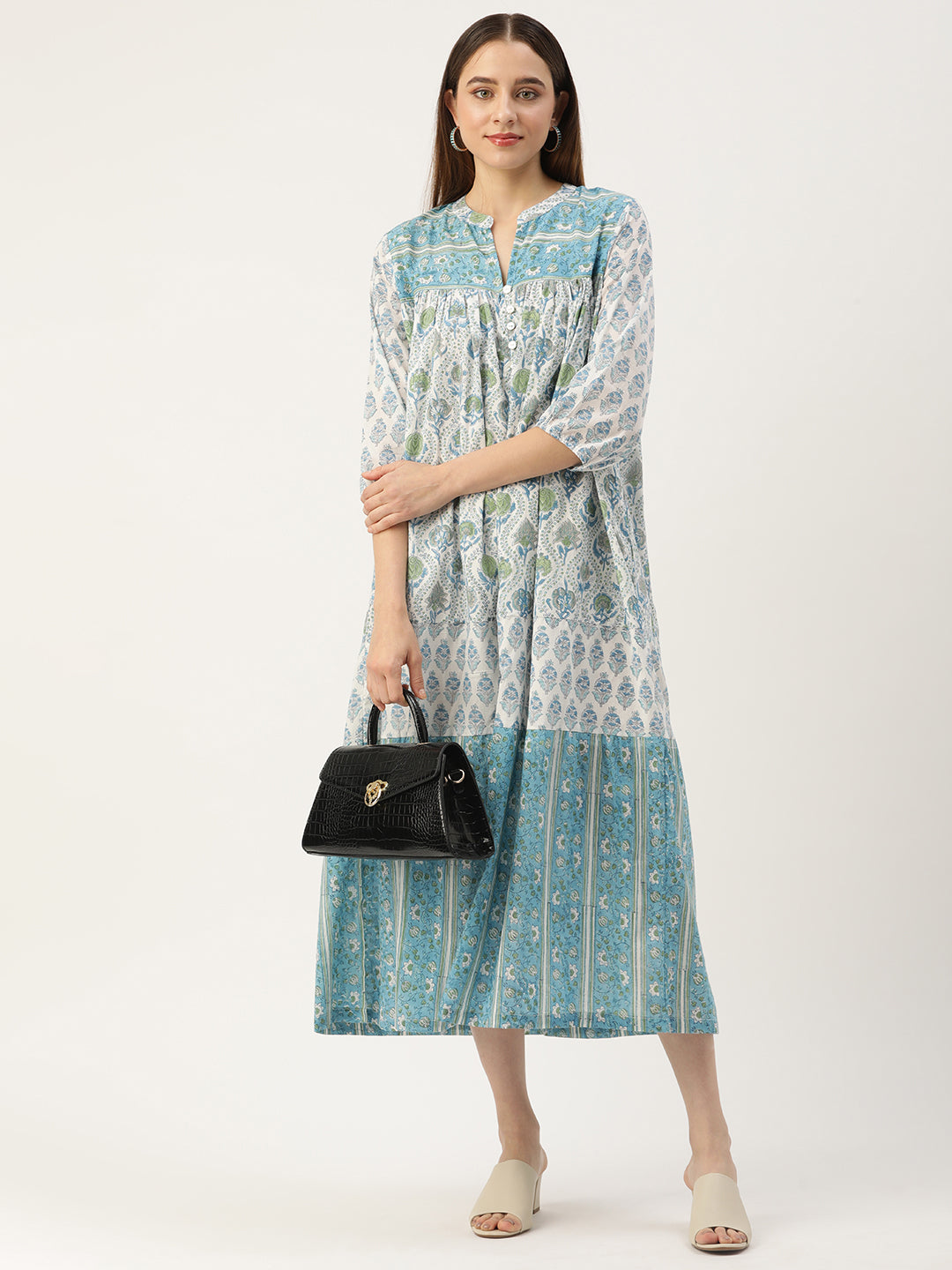 Blue Green Floral A-Line Cotton Dress