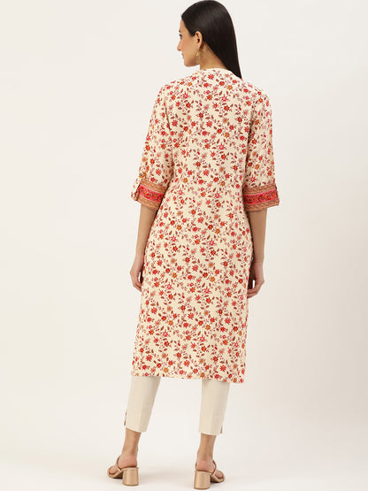 Beige Floral Printed Kurta