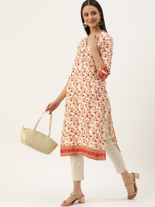 Beige Floral Printed Kurta