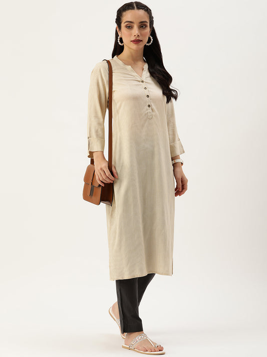 Beige Striped Straight Cut Kurta