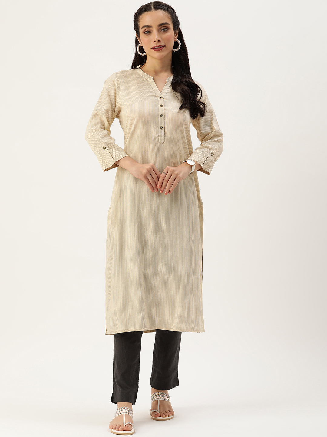 Beige Striped Straight Cut Kurta