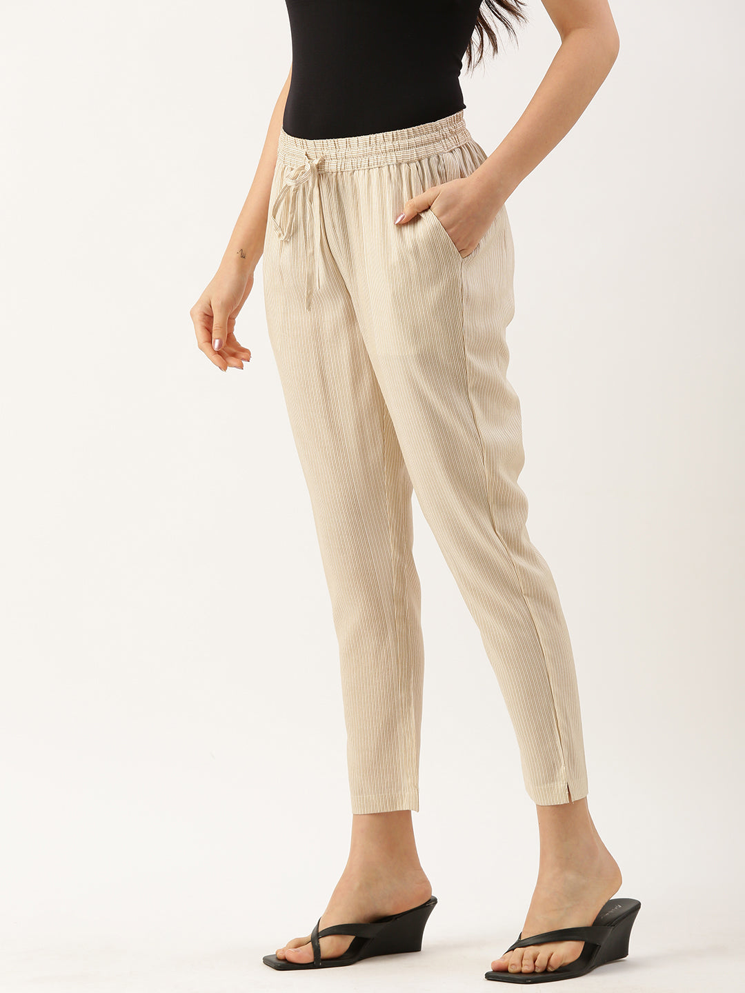 Beige & Off White Striped Pencil Pant